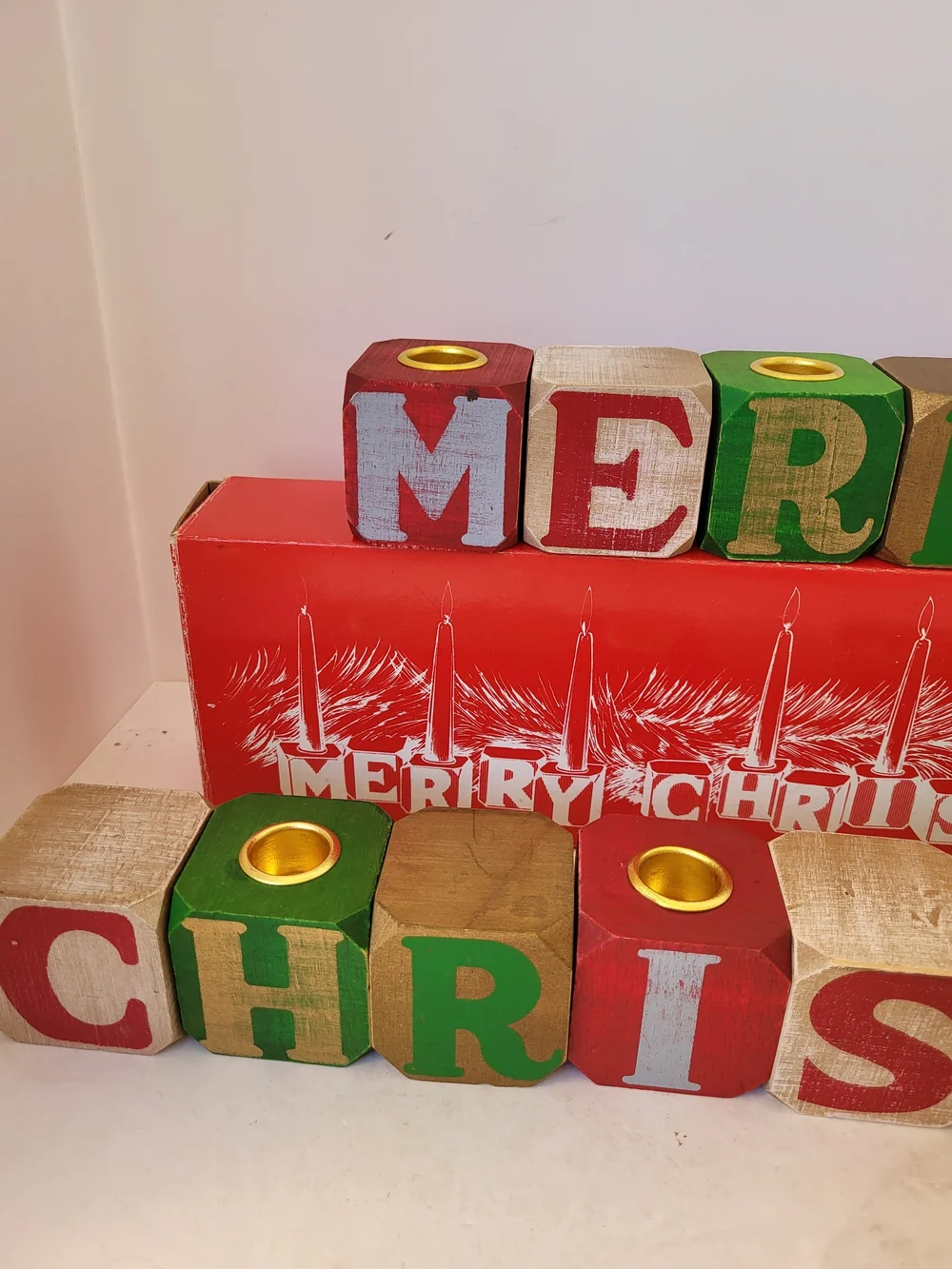 Vintage Merry Christmas Wood Block Candle Holder Set Colonial Candle